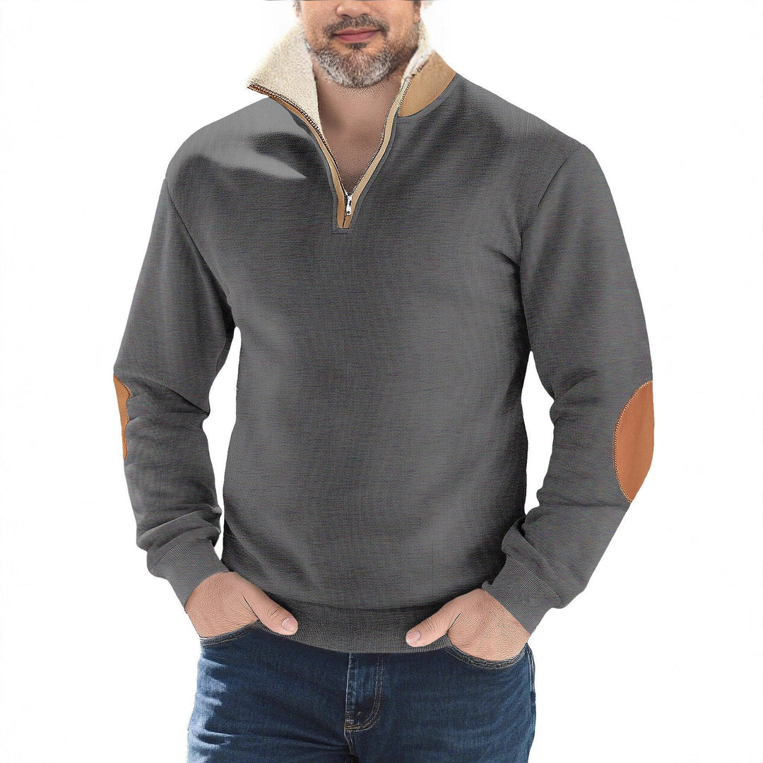 Herr Strukturerad Stickad Halv Dragkedja Pullover med Värmande Sherpa Krage och Velour Elbow Lappar