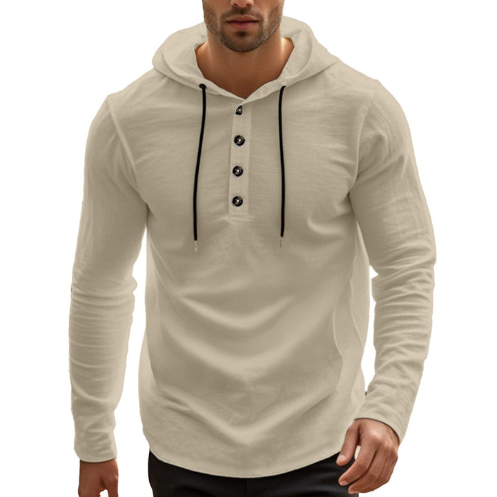 Herr Ledig Luvtröja i Henley Stil med Knapplist och Adjustable Dragsko