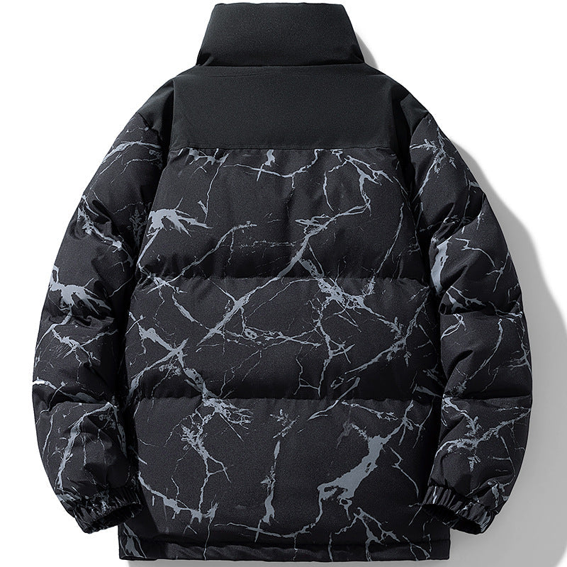 Herr vadderad quiltad jacka med marble tryck, hög ståkrage och vindtät exterior