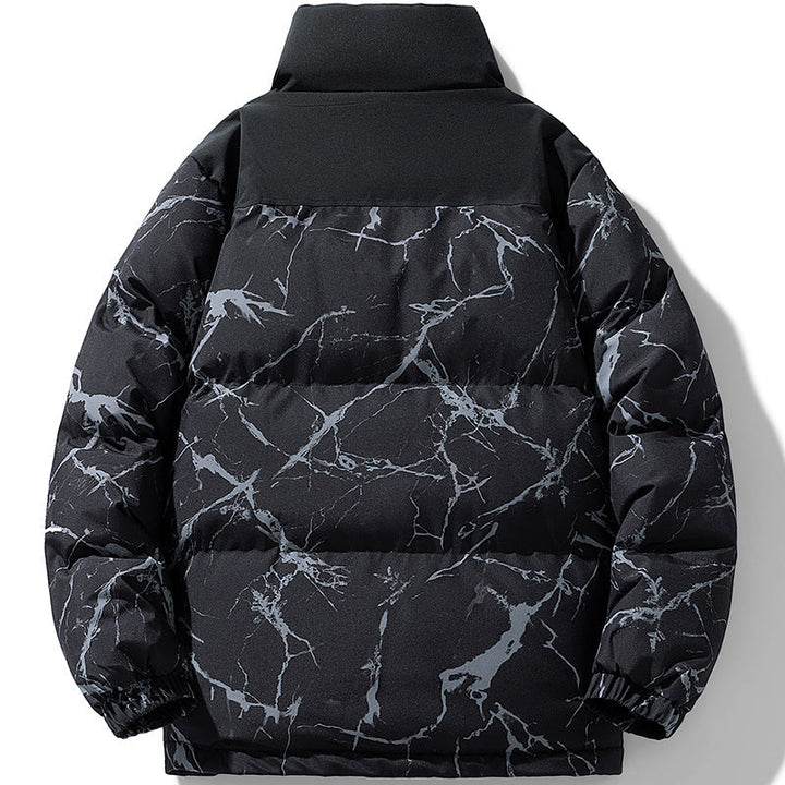 Herr vadderad quiltad jacka med marble tryck, hög ståkrage och vindtät exterior