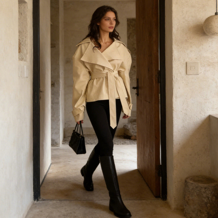 Dam kort trenchcoat med Double knappslå, midjebälte, och Shoulder Straps
