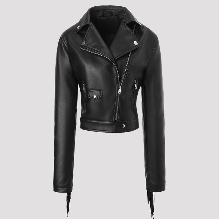Dam kort skärning figurnära bikerjacka gjord artificial läder med fringes on den ärmar och asymmetric dragkedja