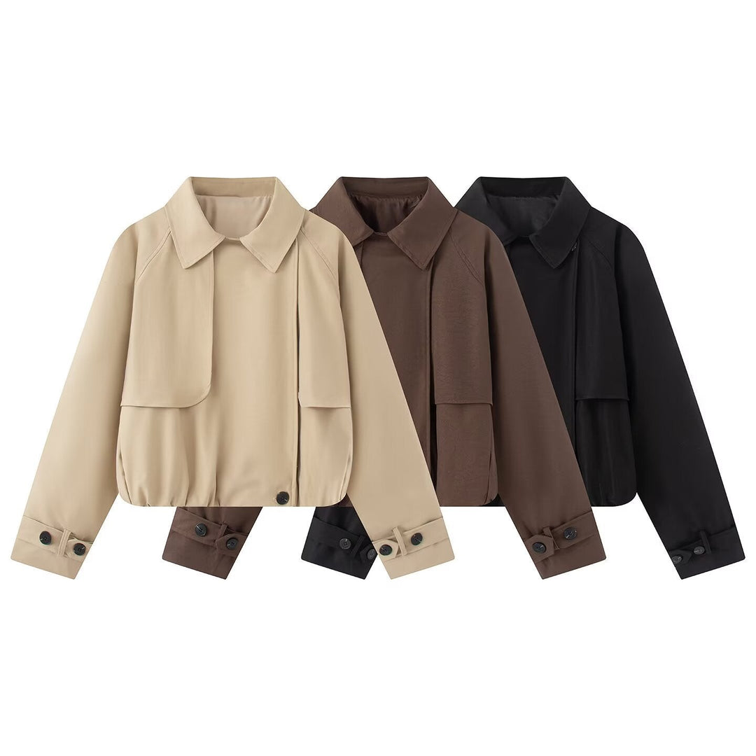 Dam Kort Trench-Stil Blouson med Dold Knapp Knäppning och Drawstring Nederkant