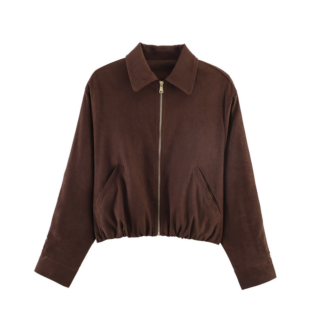 Dam kort skuren mocka look bomber jacka med dragkedja, elastic fåll och diagonal sidofickor