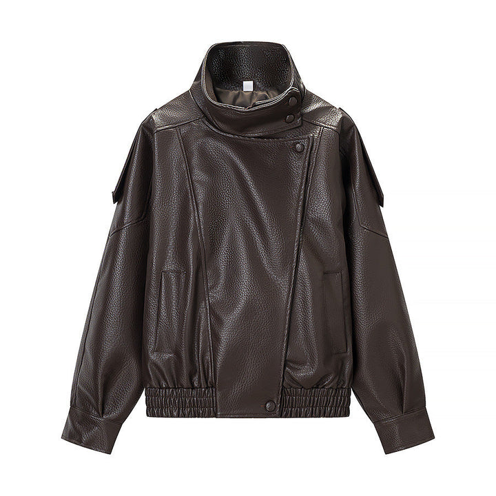 Dam oversize konstläder jacka med hög ståkrage, Asymmetrical knappslå och Elastic fåll
