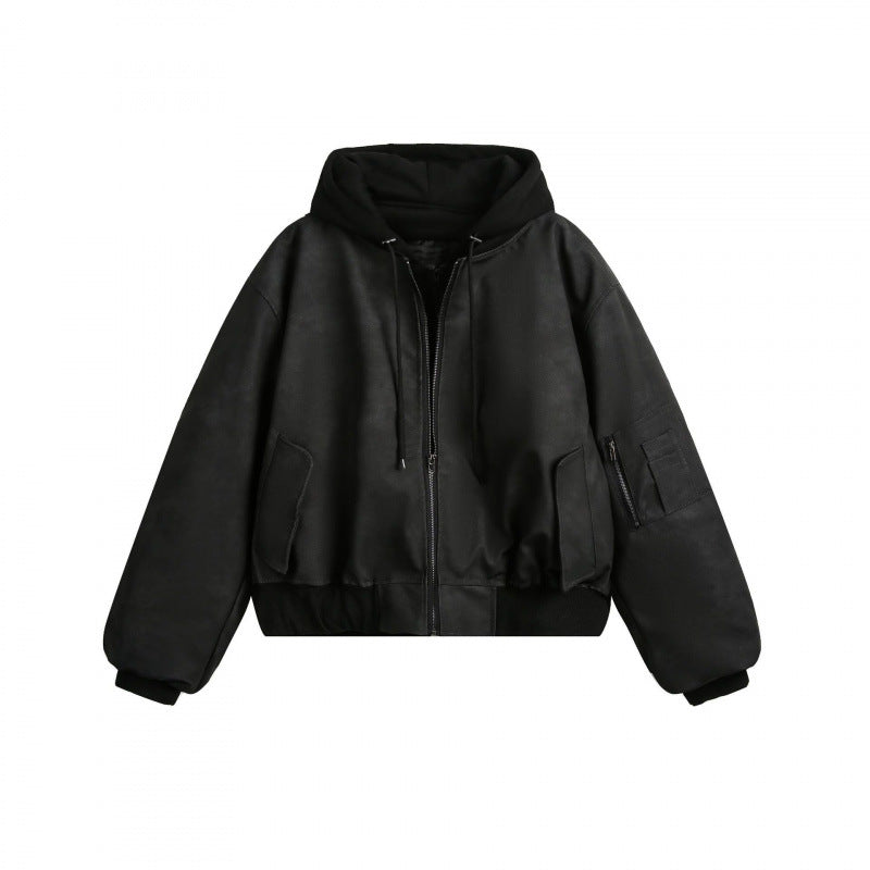 [Herr] kort skärning bomberjacka i vintage velvet look med integrerad huva, funktionell ärm ficka och ribbade muddar