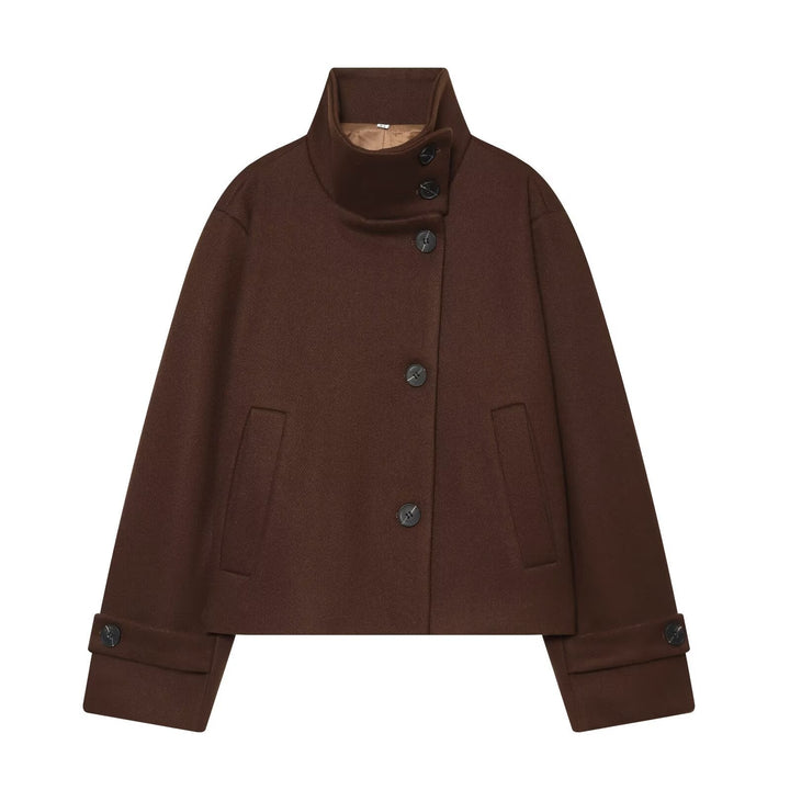 Dam Kort Ull Blouson Kappa med Hög Stå Krage och Knapp Knäppning
