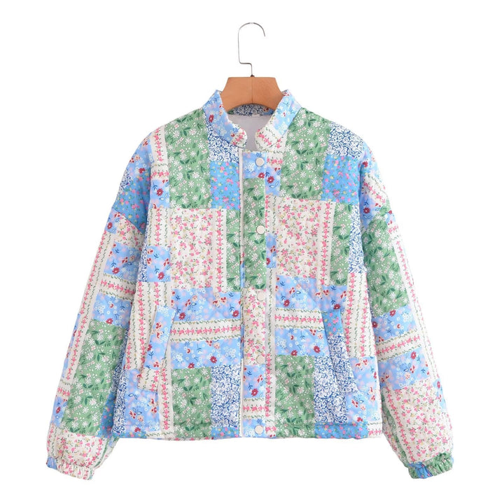 Dam vadderad Patchwork kviltad jacka med Stand krage och Snap Fastening