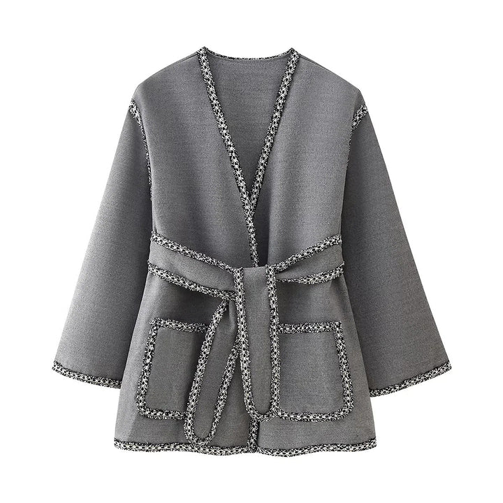 Dam kort-skärning kimono kappa med tie bälte och kontrasterande fringe piping