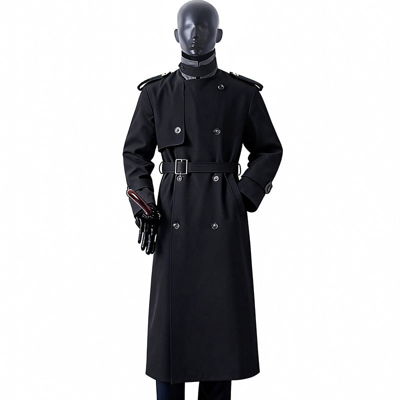 Herr Tidlös Maxi Lång Trench Kappa i Militär Stil med Storm Lock och Midja Bälte