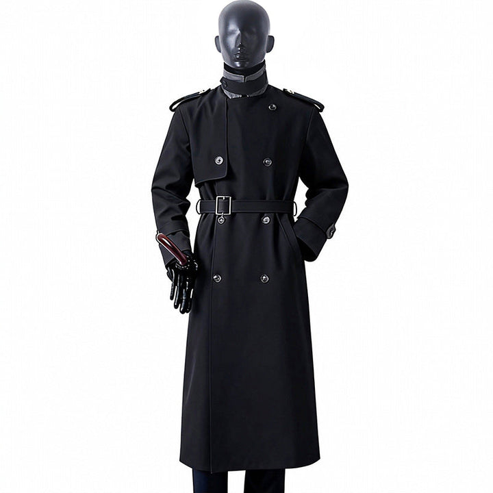 Herr Tidlös Maxi Lång Trench Kappa i Militär Stil med Storm Lock och Midja Bälte