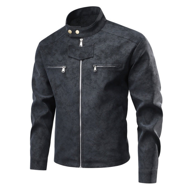 Herr Mocka Läder Look Biker Jacka med Ståkrage, Bröst Dragkedja Fickor &amp; Dold Tryckknapp Knapp Slå
