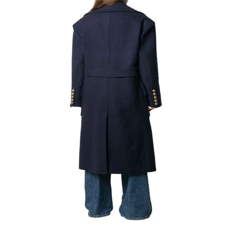 Dam marinblå-inspired double-breasted lång kappa gjord ullblandning med oversize lapels