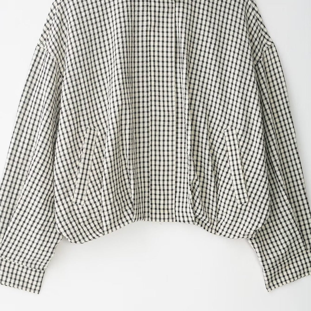 Dam Checked kort Boxy Blouson med Stand krage och sidofickor