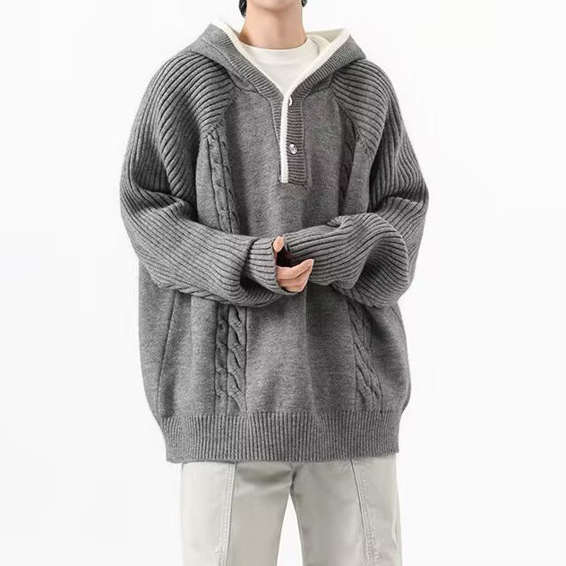 Herr Chunky Stickad Pullover med Huva och Knapplist