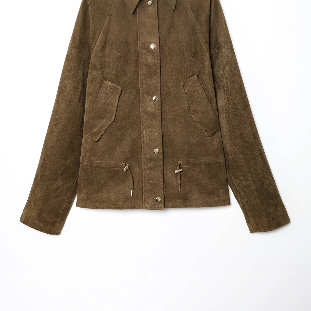 Dam kort mocka imitation parka med huva, hög krage och drawstring waist
