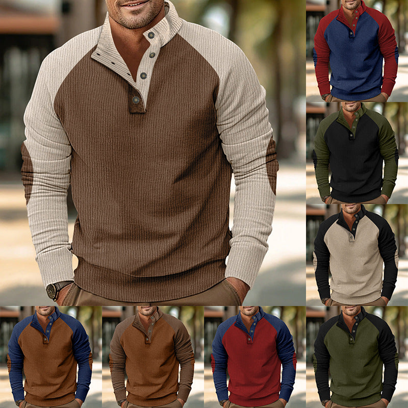 Herr Warmer Waffle Texture Henley Pullover med Contrast Raglanärmar &amp; Ståkrage