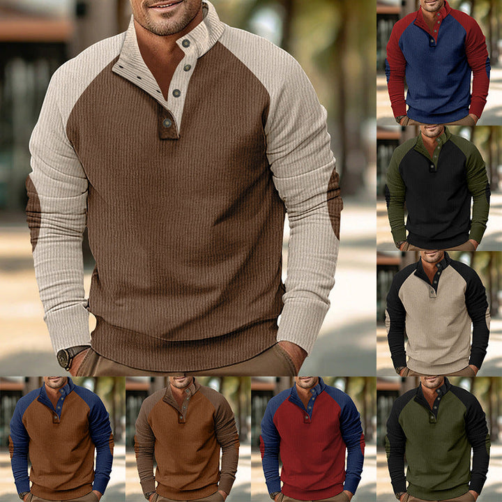 Herr Warmer Waffle Texture Henley Pullover med Contrast Raglanärmar &amp; Ståkrage