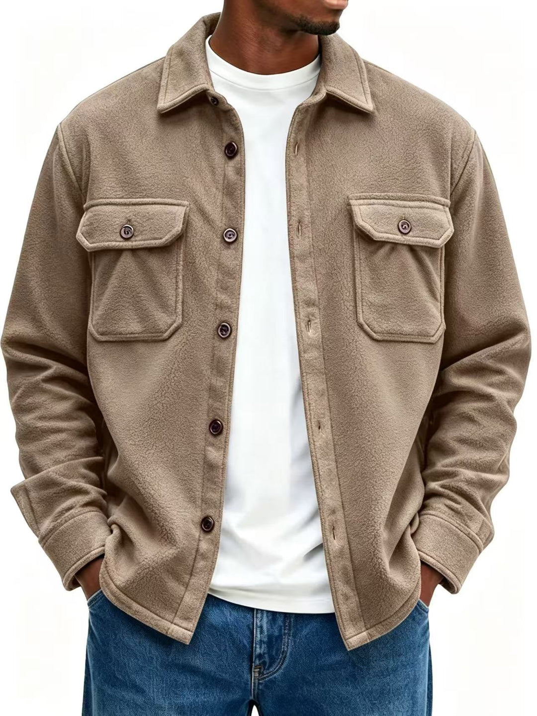 Herr fleece overshirt med bröstfickor och skjortkrage