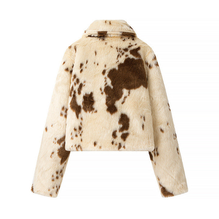 Dam cropped kort jacka tillverkad av teddy faux fur med spots tryck, ståkrage och concealed dragkedja