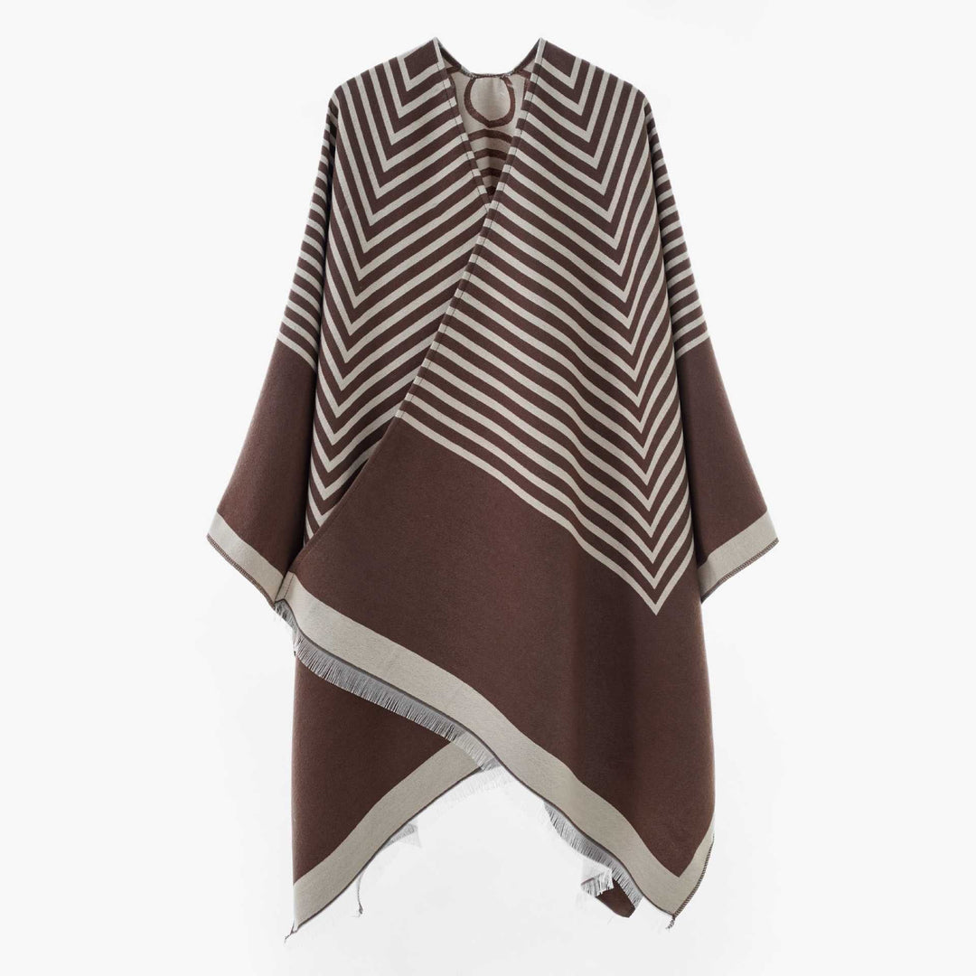 Dam Chevron-Jacquard capeponcho med bred Fall och Fringes