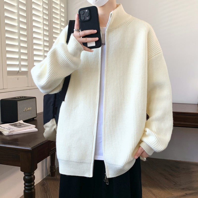 Herr Oversized Knit Zip Jacka med Hög Stående Krage och Fin Rib Structure