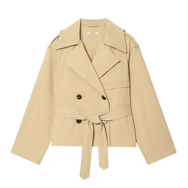 Dam kort double-breasted trench blazer med knytband och epaulettes