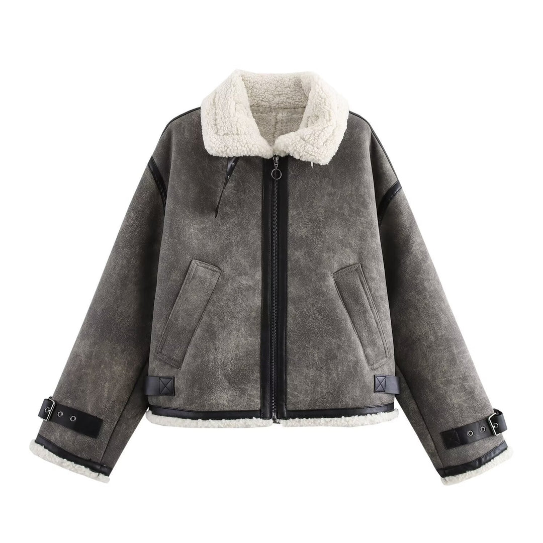 Dam oversize Flight jacka med teddyfoder, konstläder Accents och Buckles