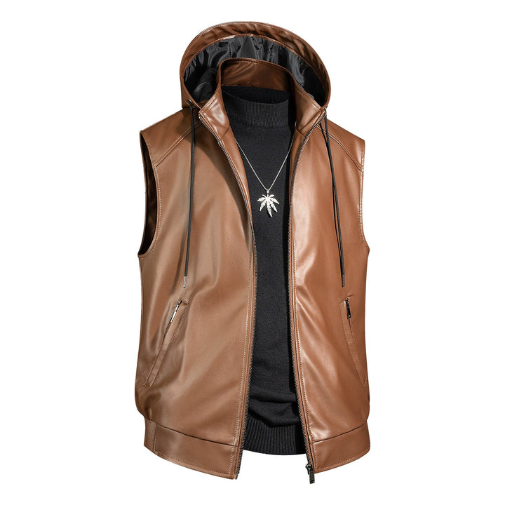 Herr Sleeveless Läder väst med huva quiltad Nappa Look och fickor med dragkedja