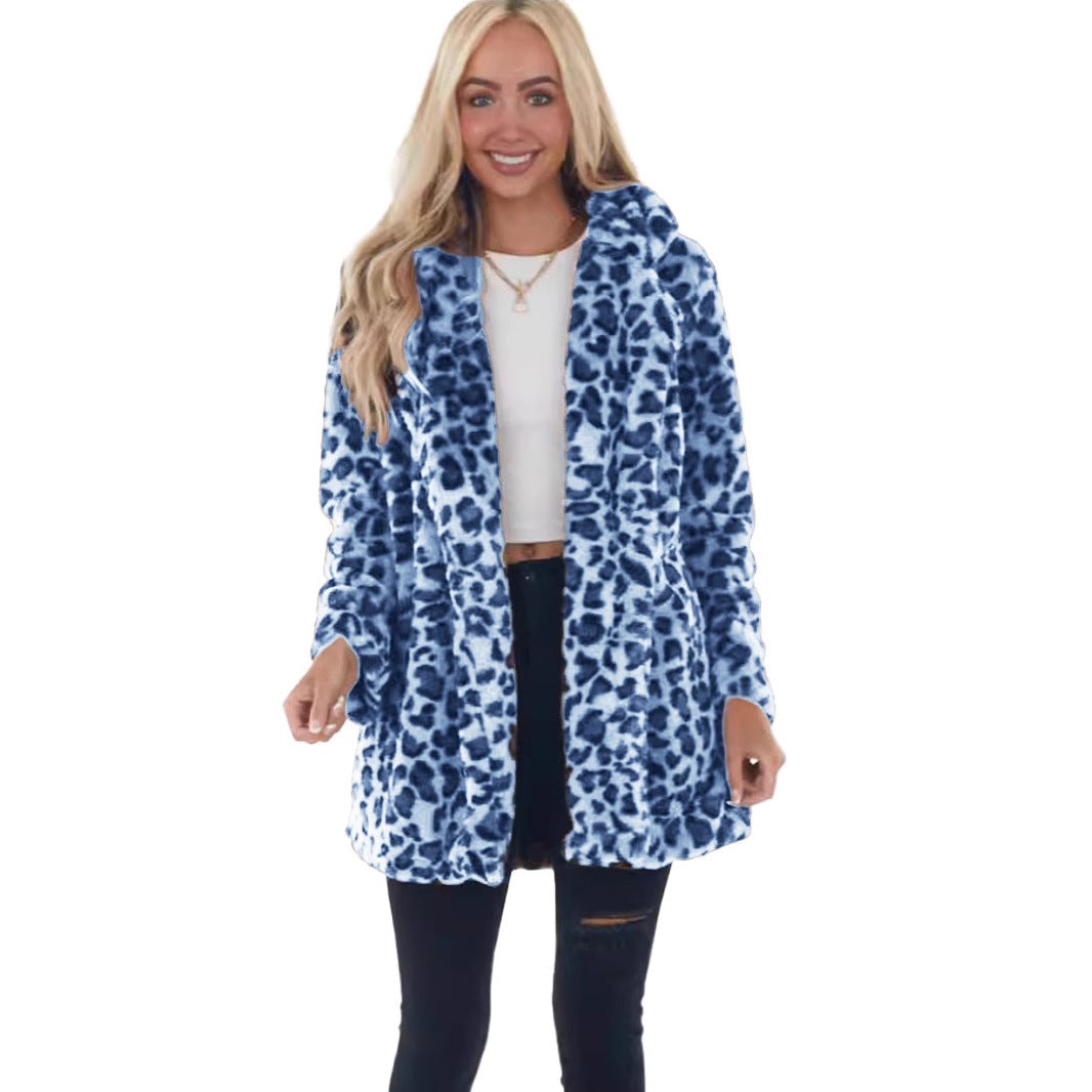Dam Faux-Fur Leopard-tryck Hooded plysch Mid-Length kappa