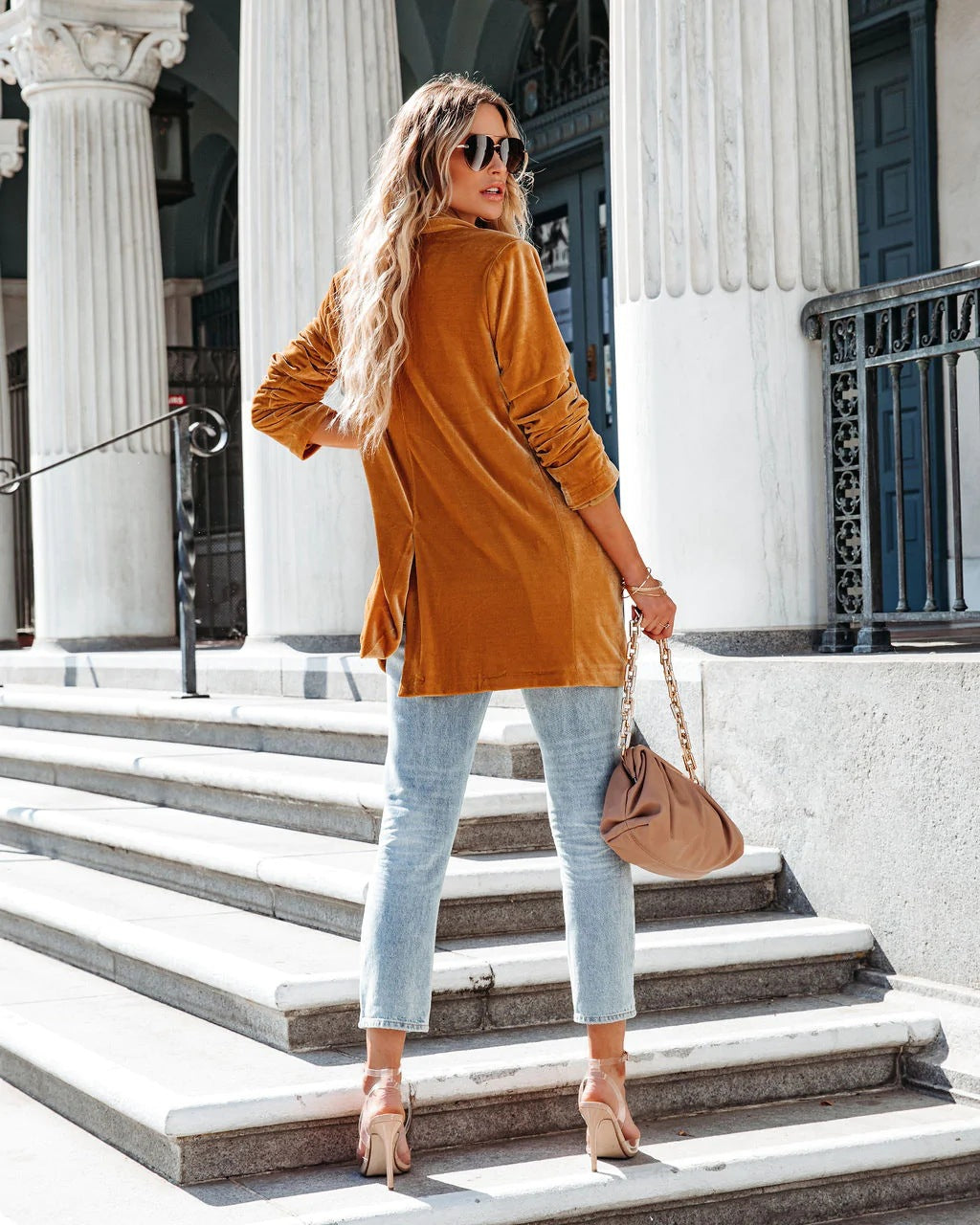 Guld Sammet Trenchcoat Lång Skirt Jacka