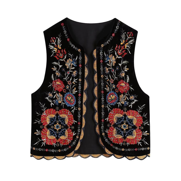 Dam Embroidered Velvet Väst med Folk Bead Embroidery och Curved Nederkant
