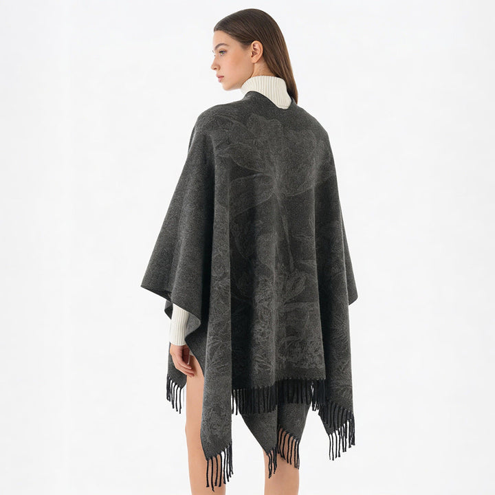 Dam V-Neck capeponcho med floral Jacquard och frayed fåll