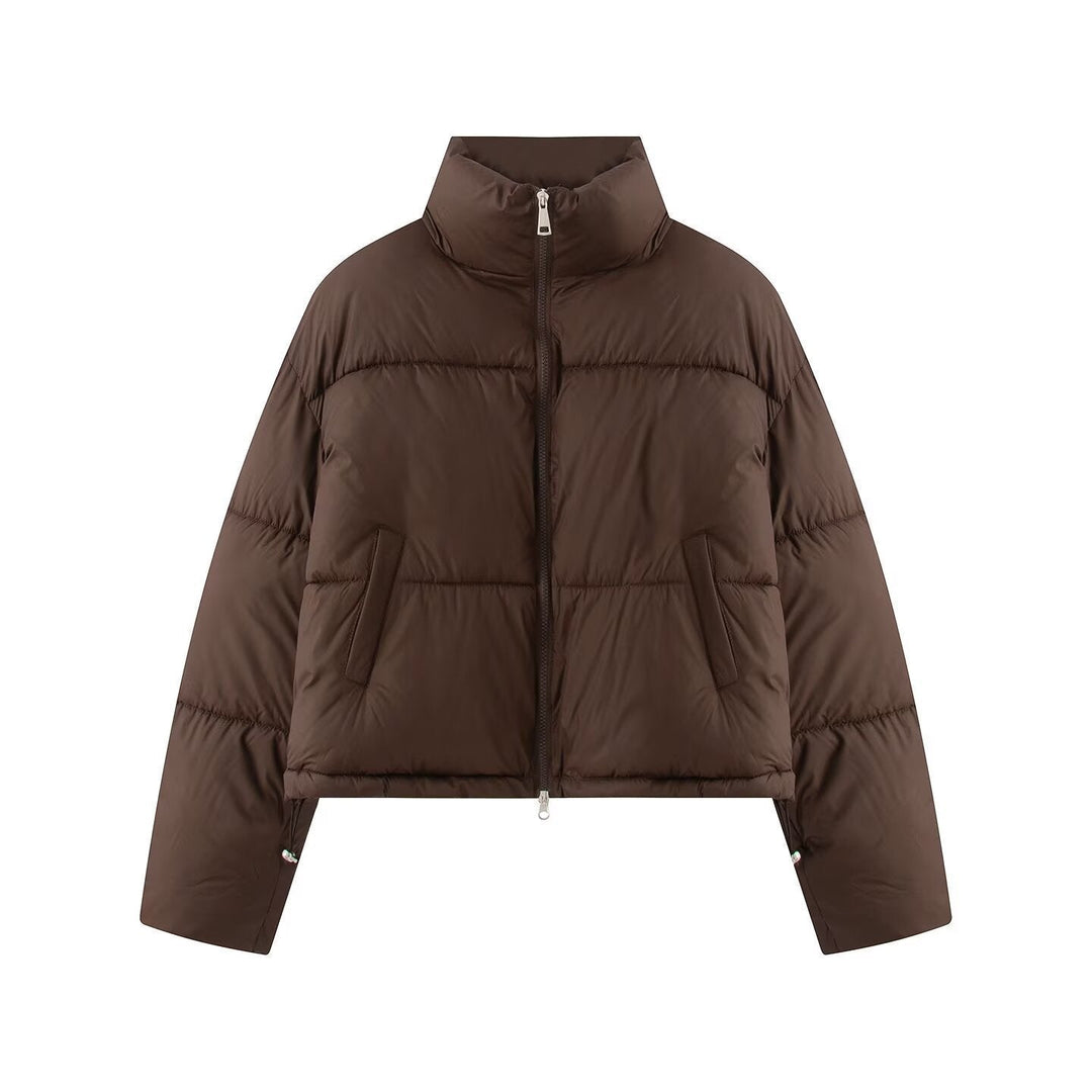 Dam Kort Oversized Pufferjacka med Hög Ståkrage och Tvåvägsdragkedja