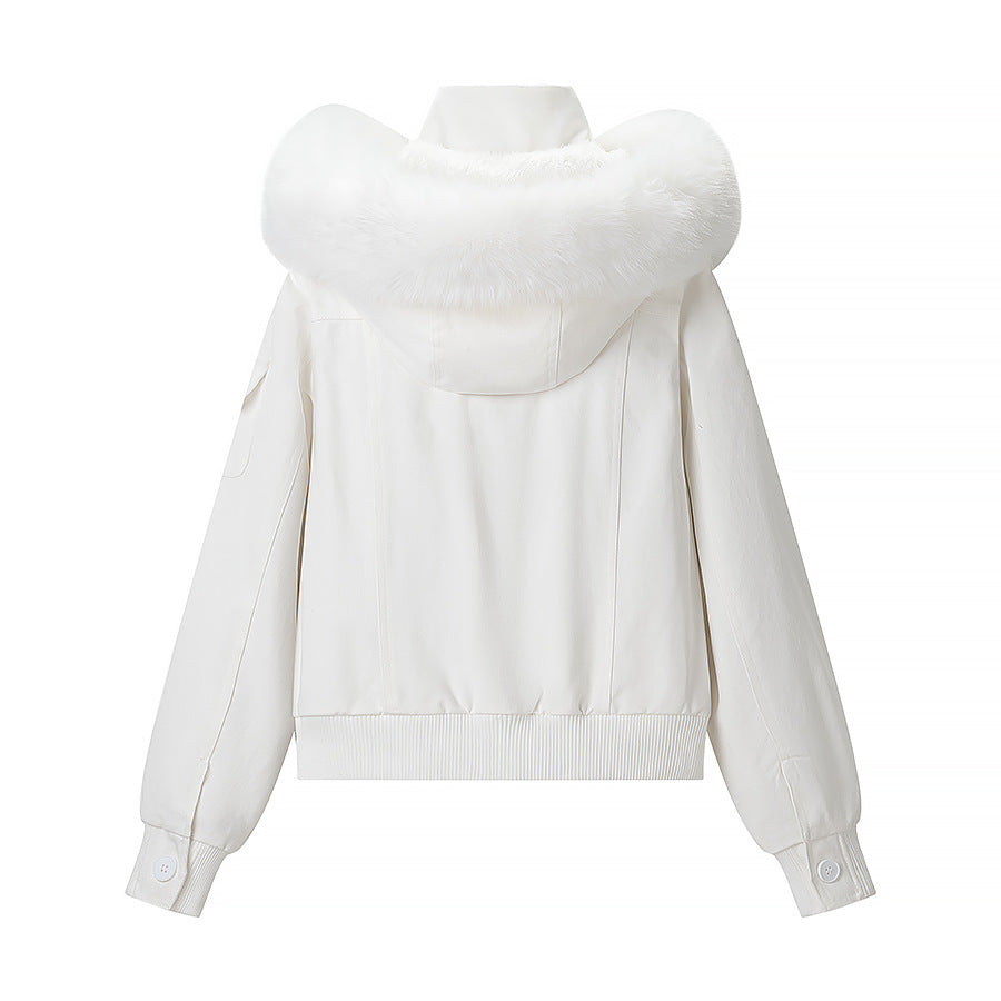 Dam kort jacka med vadderad foder, huva med faux fur trim och ribbed fåll