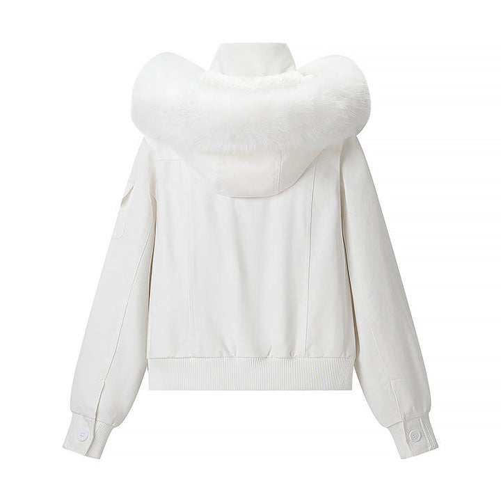 Dam kort jacka med vadderad foder, huva med faux fur trim och ribbed fåll
