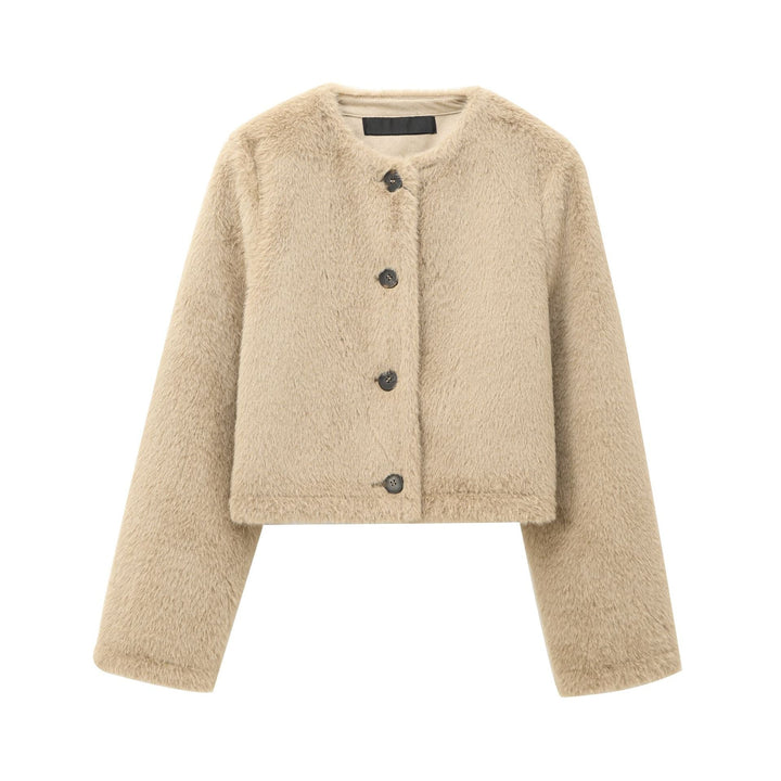 Dam kort-skärning teddy jacka med round neckline, knäppning, och påsydda fickor