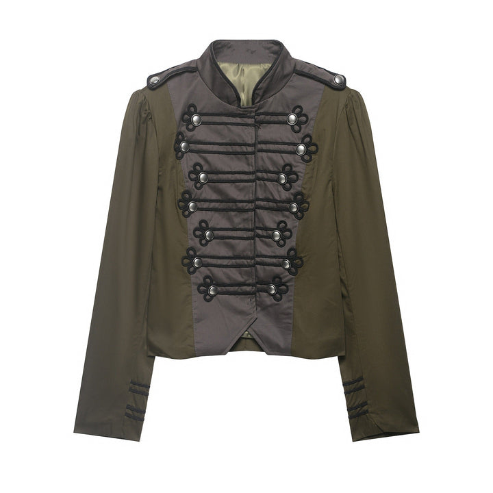 Dam Kort Jacka i Militär Stil med Ståkrage, Decorative Frog och Epaulettes