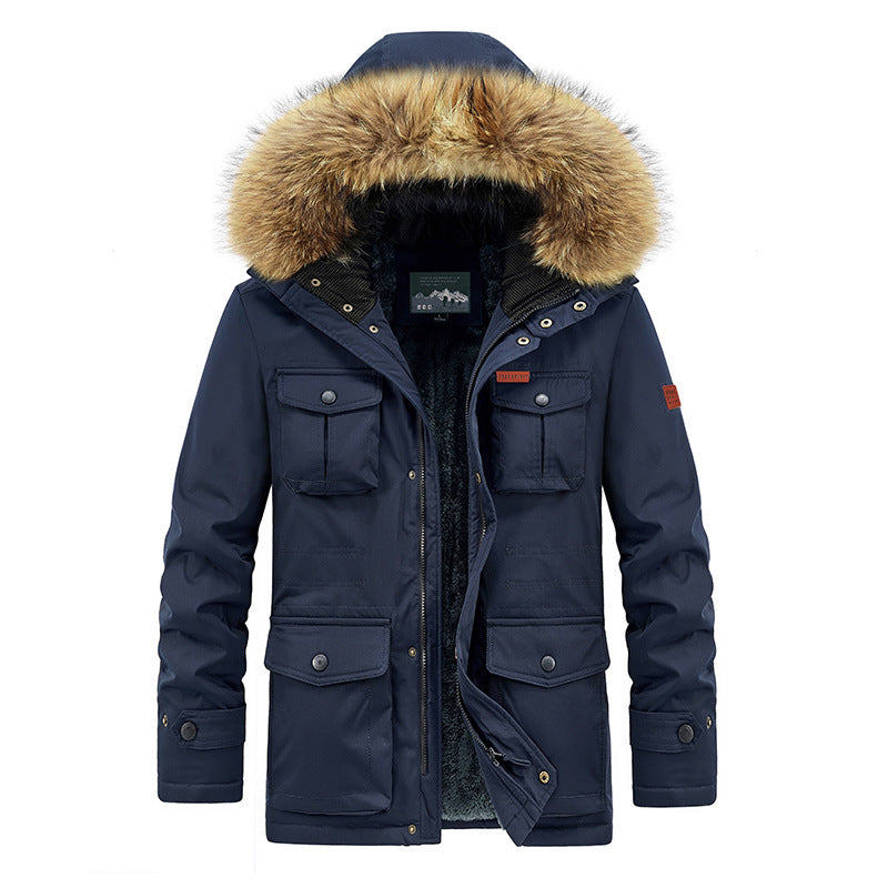 Herr Vinter Parka med Faux Fur Huva, Quiltad Termisk Foder, och Flera Fickor