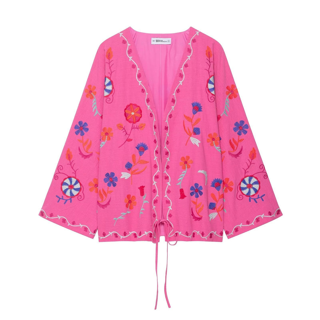 Dam 100+ Embroidered Kimono Jacka med Drawstring Nederkant och Wide Bell Ärmar