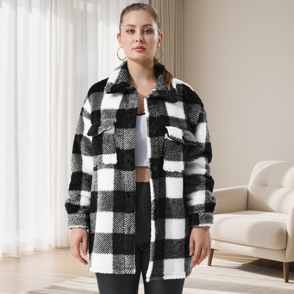 Dam oversized Teddy Shirt jacka med Check mönster