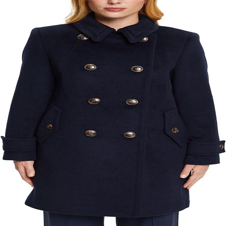 Dam Mid-length Double-breasted marinblå-inspired ull-blend Peacoat med Flap fickor