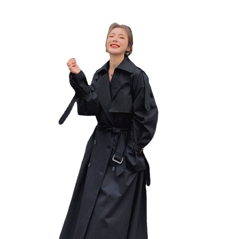 Dam lång Double-Breasted trenchcoat med midjebälte, Storm Flap, och bred oversized skärning