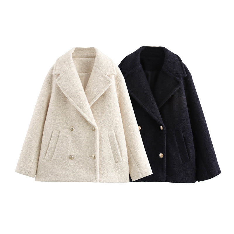 Dam Kort Double-Breasted Ull Blend Peacoat med Wide Lapels