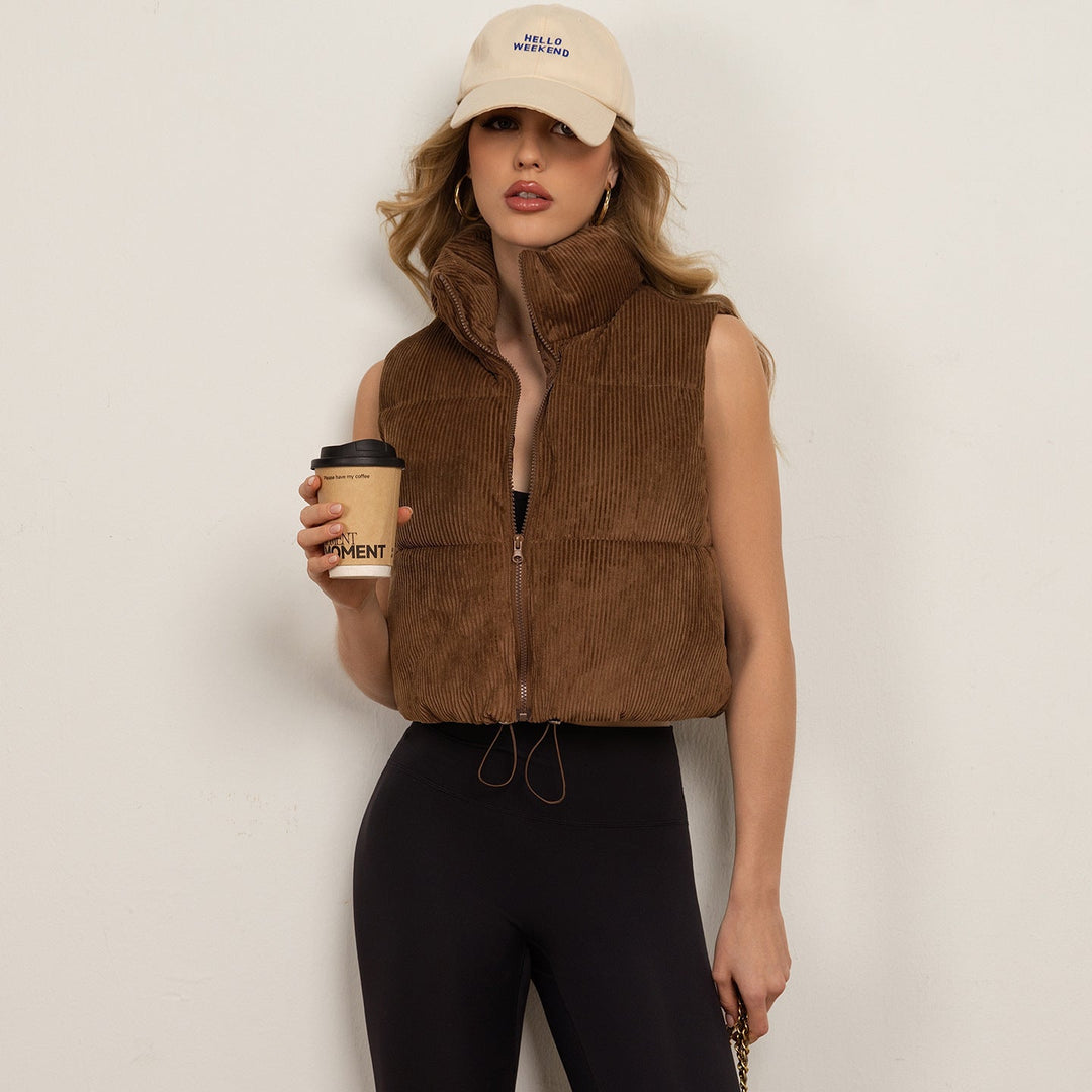 Dam non-vadderad manchester boxy väst med voluminous ståkrage och adjustable drawstring fåll