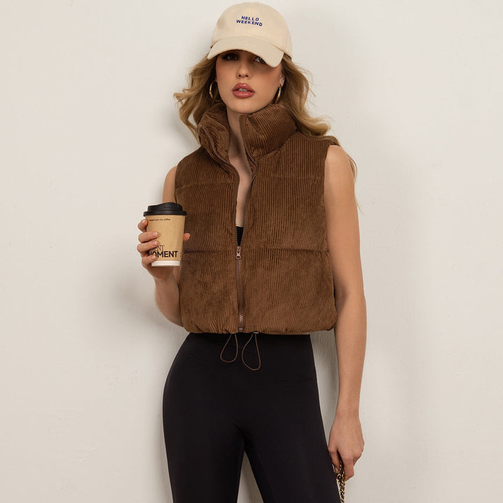 Dam non-vadderad manchester boxy väst med voluminous ståkrage och adjustable drawstring fåll