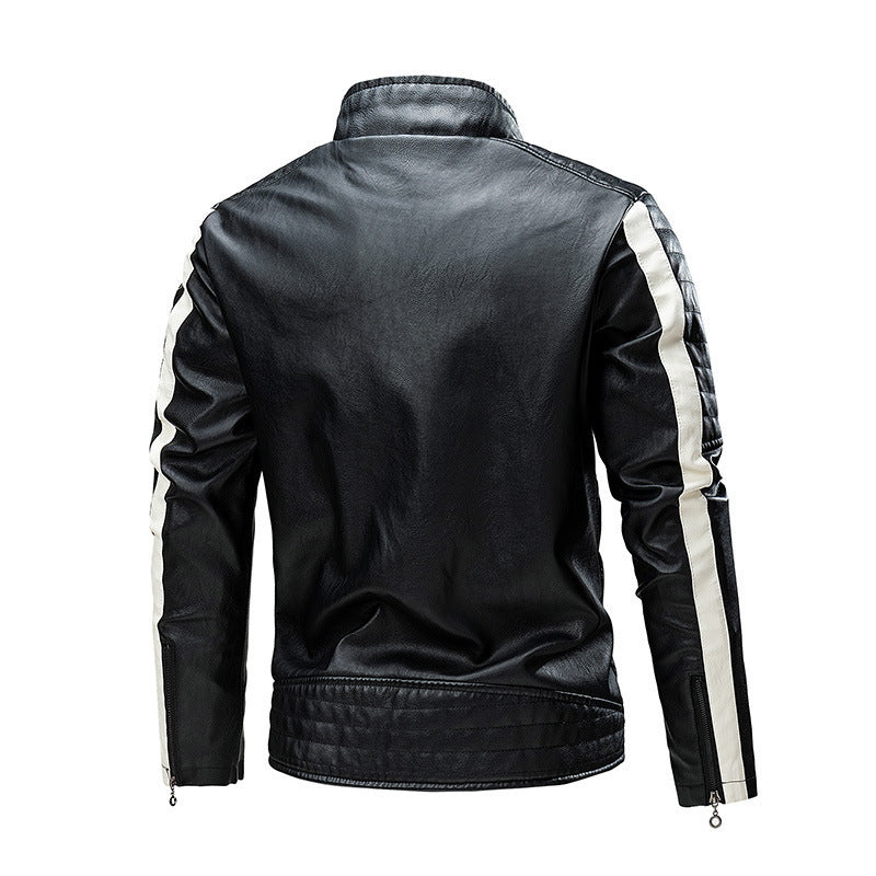 Herr biker läder jacka i colorblock design med vadderad axel section och ståkrage