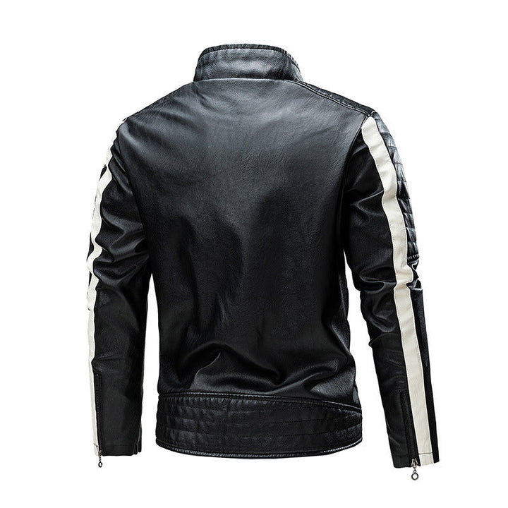 Herr biker läder jacka i colorblock design med vadderad axel section och ståkrage