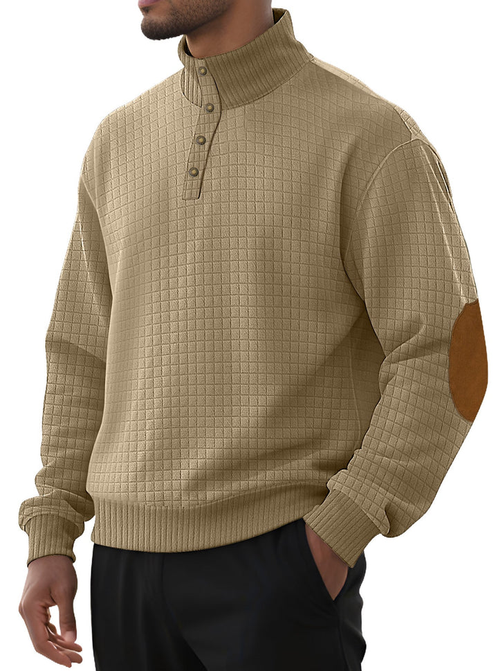 Herr Plaid Quiltad College-Tröja med Henley Slå, Hög Ståkrage, och Velour Elbow Lappar