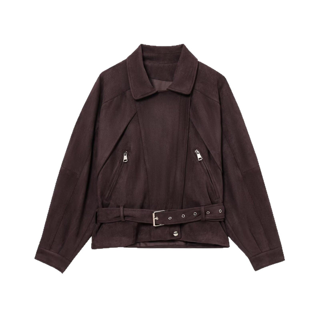Dam kort jacka gjord sammet imitation med a midjebälte, boxig skärning, och zippered fickor